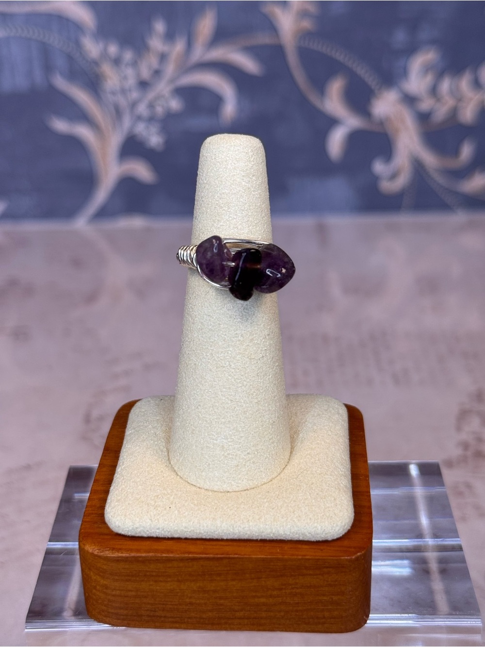 Purple Stone Chip Wire Wrapped Ring Size 5 Silver Tone Artisan Style D69